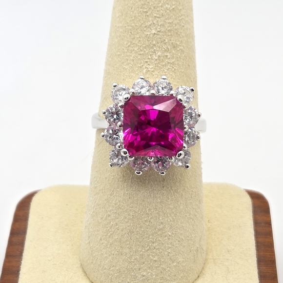 Pink Sapphire & CZ Halo Cocktail RingSterling Silver 925